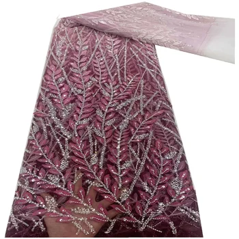 Fuchsia Kvalitné francúzske Tylu Čipky Textílie Nigérijský Čipky Tkaniny Sequin Organza Čipky Textílie Na Svadby FZ388