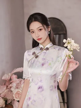 Letné Čínskej Tradičnej Satin Kvetinový Tlač Cheongsam Vintage Dlho Vysokej Štrbinou Stand-up Golier Qipao Party Šaty pre Ženy