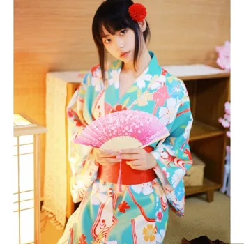 Ženy Tradičné Sakura Vytlačí Yukata Japonsko Kimono S Červeným Obi Haori Dlhý Župan Strany Etapa Vykonanie Cosplay Kostým